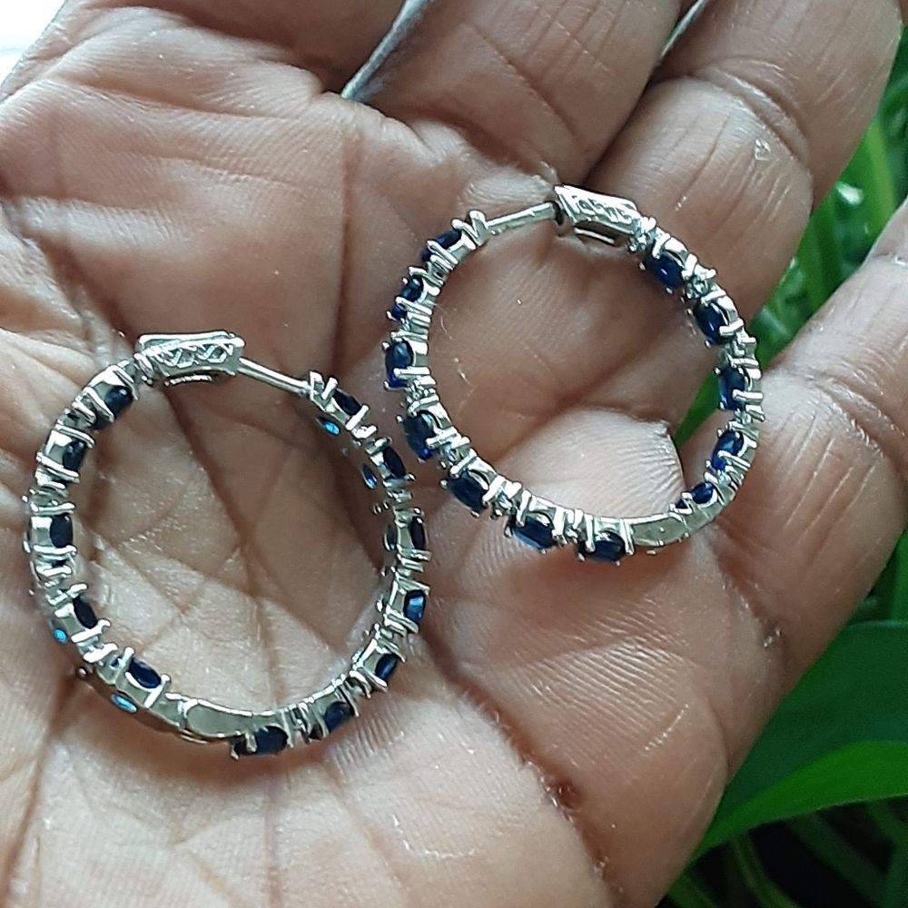Blue Sapphire Lab Created Diamond 925 Rhodium Plated Inside Out Hoops 1.25"